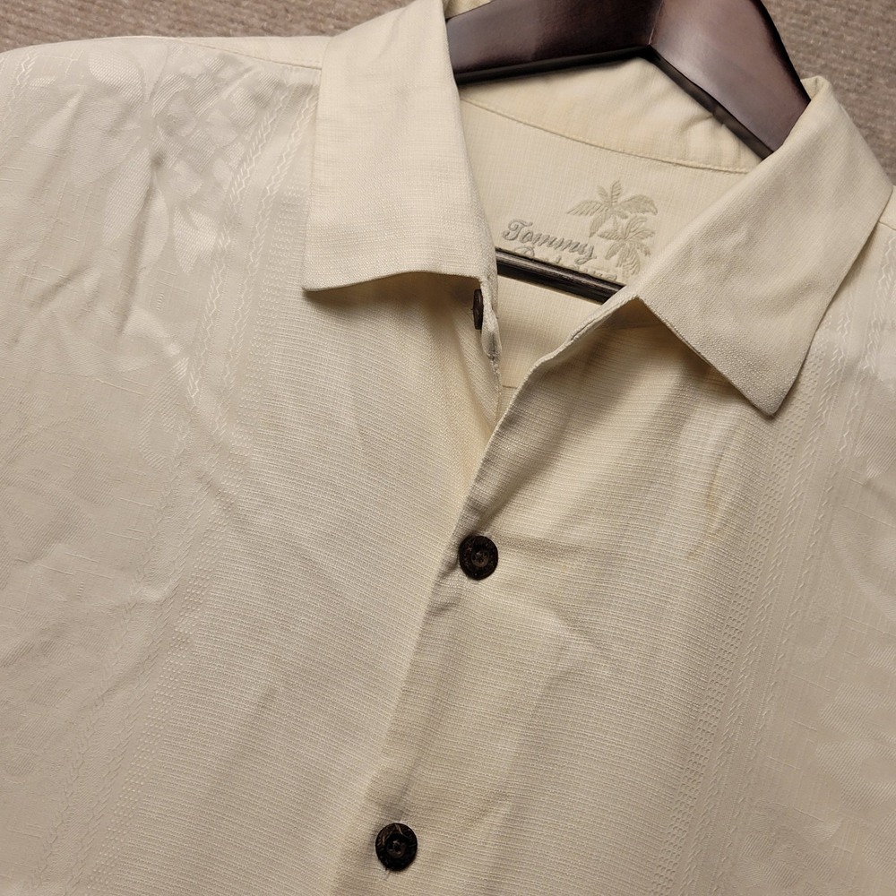 Tommy Bahama Button Down Mens XL Cream Silk Tropical Jacquard Camp Shirt